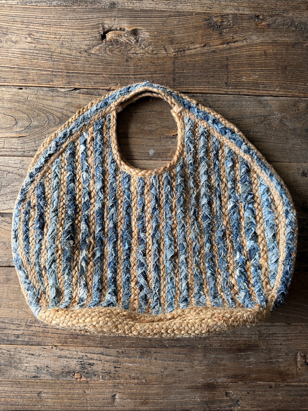 Braided Straw Tote with Denim Blue Stripe Accent